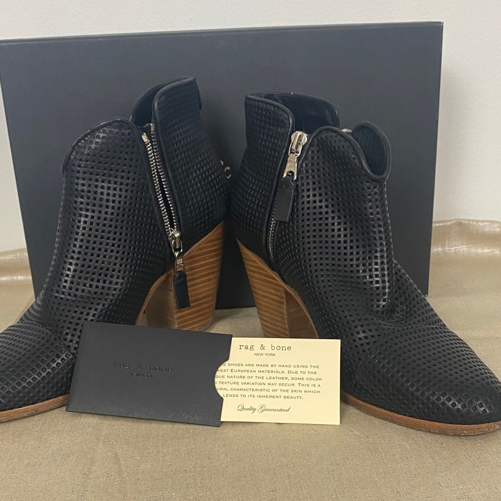 Rag & Bone Perforated Black Ankle Booties with Tan Heel